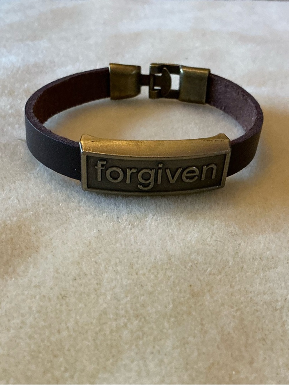 Forgiven Brown Leather Bracelet with Antique Brass Plate, 8”